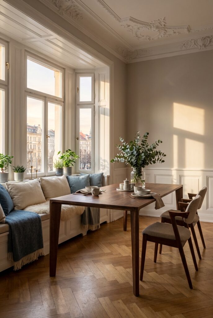 Esszimmer mit Massivholztisch Hanny und naher Sitzfläche am Fenster für gemütliche Atmosphäre