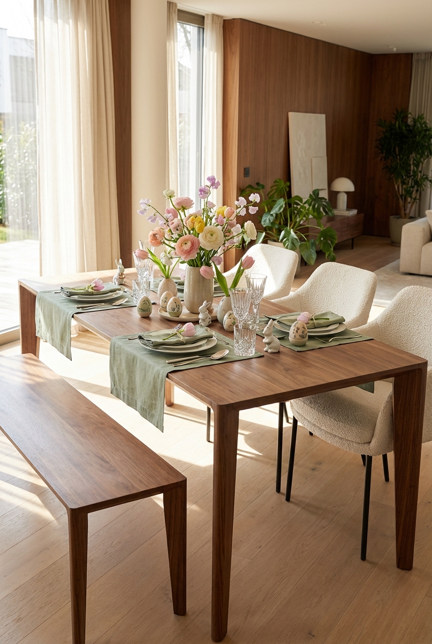 Gemütliche Tischanordnung mit einer Sitzbank und Stühlen am Nusstisch Hanny für Gäste