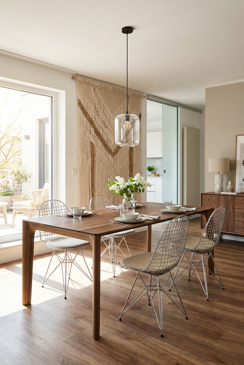 Textiler Wandbehang aus Naturmaterialien hinter einem Esstisch aus Wildnussbaum für warme Atmosphäre