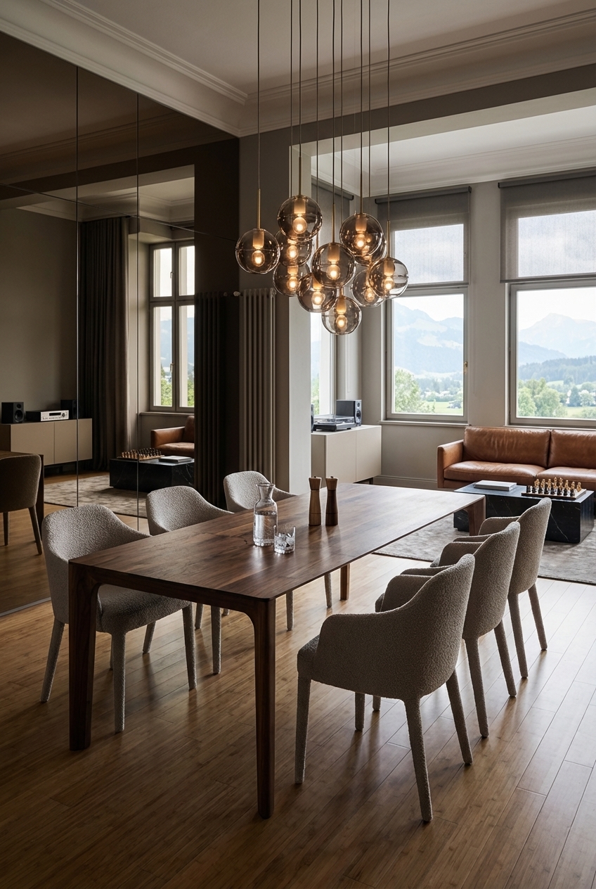 Glaskugelleuchten formen über dem Esstisch Heerlen aus Wildnussbaum ein harmonisches Lichtcluster.