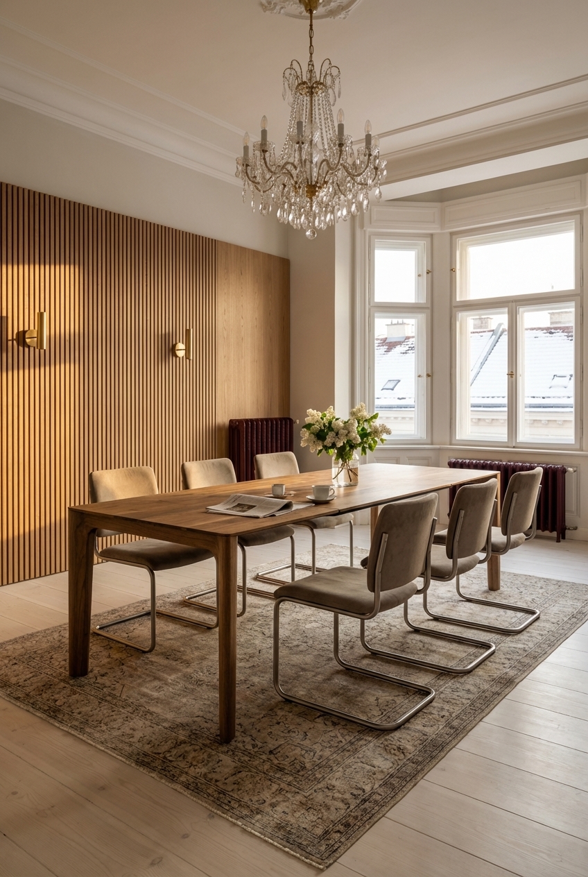 Holzlamellen-Wand hinter einem Esstisch aus Wildnussbaum im Altbau-Interieur