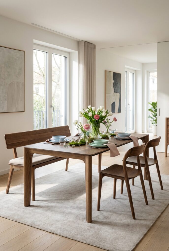 Esstisch Heerlen aus Wildnussbaum mit Sitzbank, weißen Tulpen, rosa Blumen und pastellfarbenem Geschirr im hellen Esszimmer.