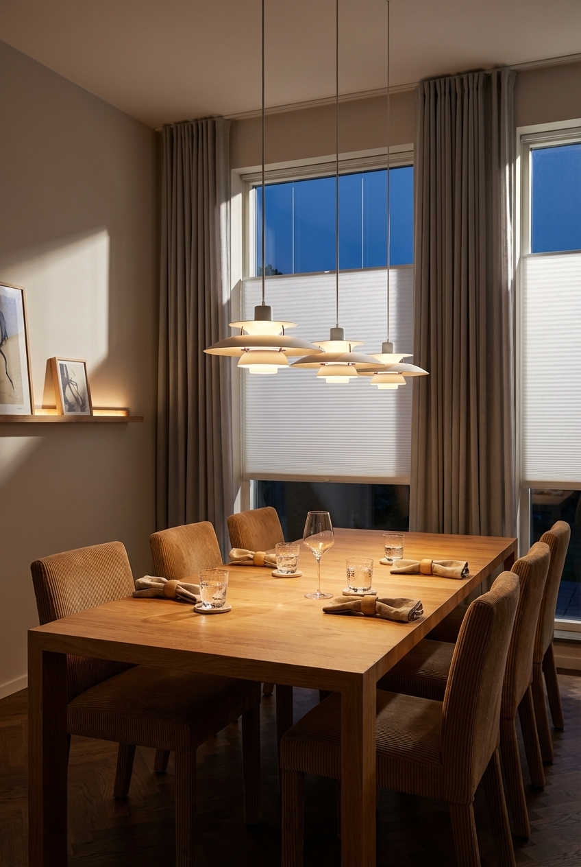 Gestaffelte Deckenleuchten schaffen über dem Esstisch Hoorn Eiche eine harmonische Lichtstimmung