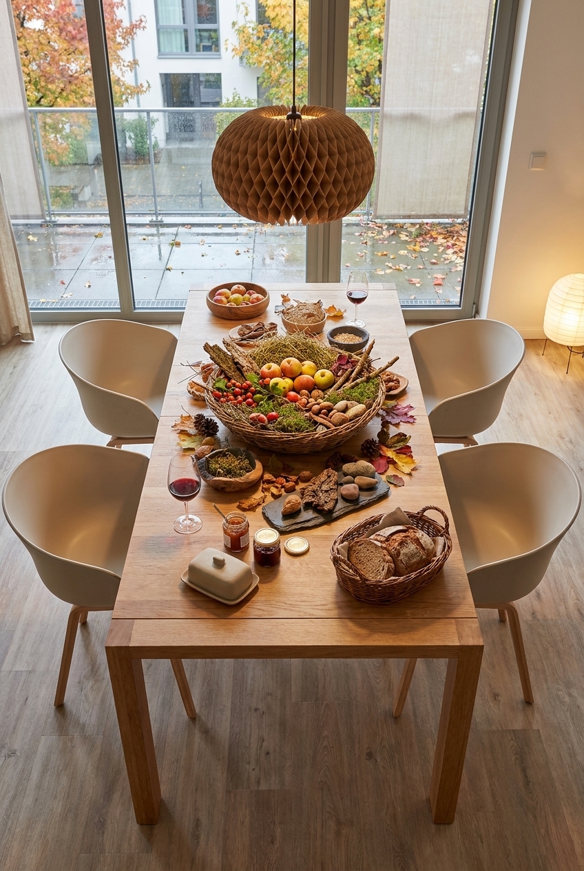 Großer Korb mit Äpfeln, Beeren, Nüssen und Moos neben Brot und Marmelade auf Esstisch Hoorn