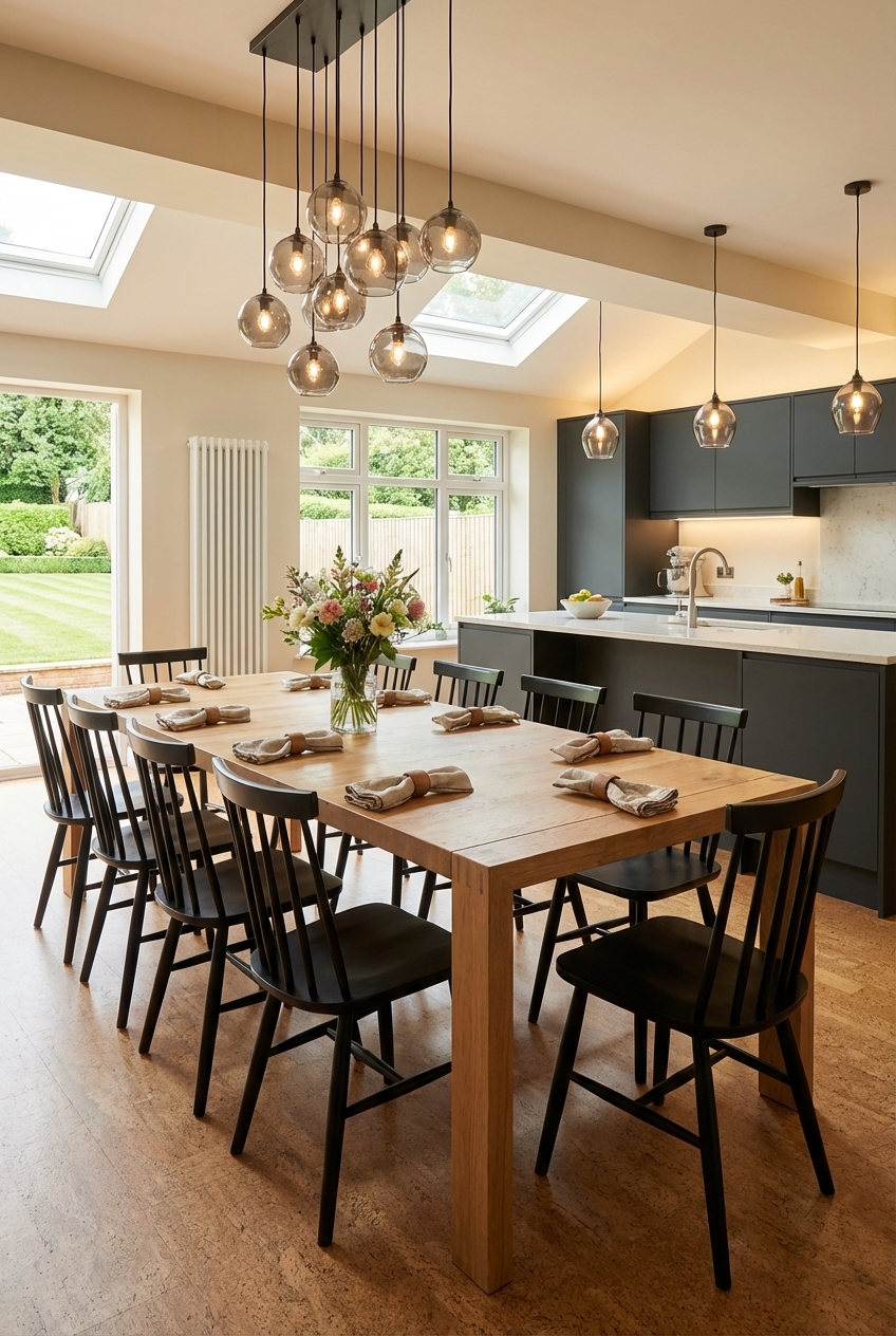 Esstisch Hoorn aus Eiche, beleuchtet von Dachfenstern im Essbereich