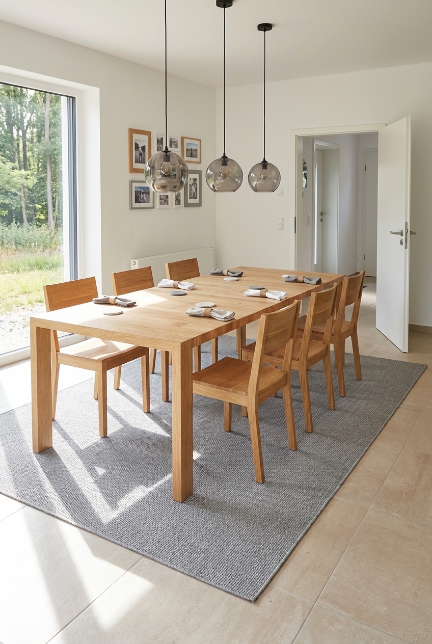Teppich in kühlem Grau kontrastiert harmonisch mit hellem Eichenholz des Esstisches Hoorn