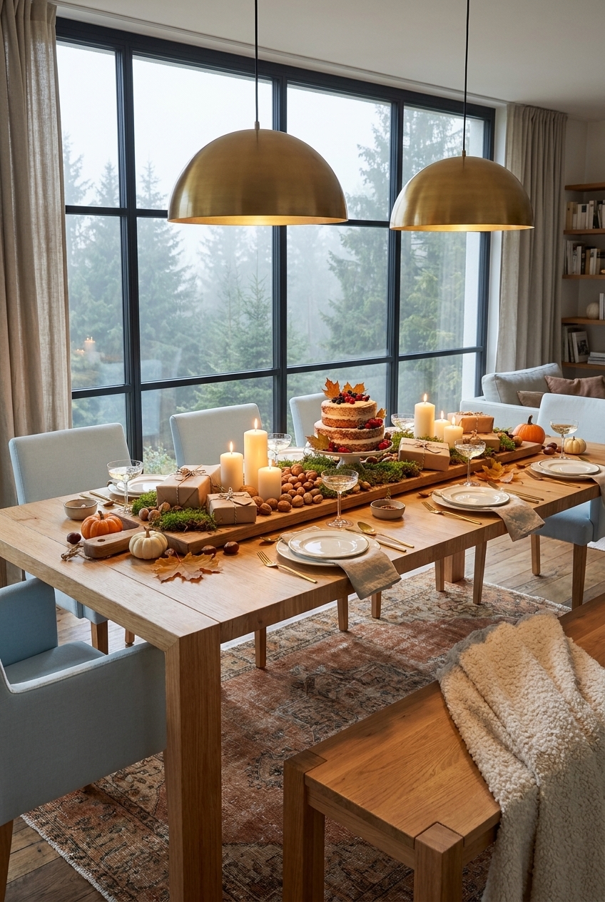Langes Holzbrett mit Geburtstagstorte, Kerzen, Moos, Kürbissen und Geschenken auf Esstisch Hoorn