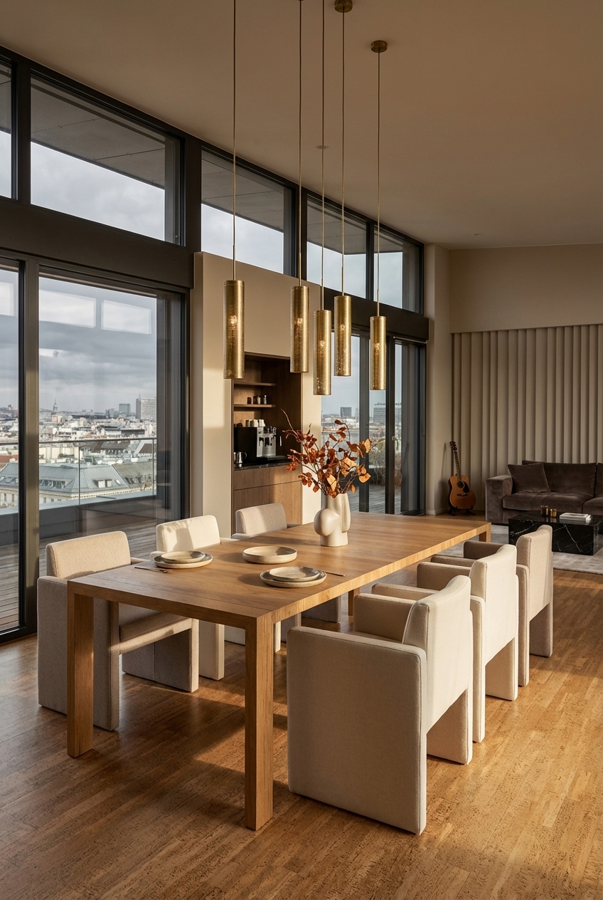 Symmetrisch angeordnete, helle Polstersessel am massiven Esstisch Hoorn aus Eiche verleihen dem Essbereich Ruhe und Eleganz