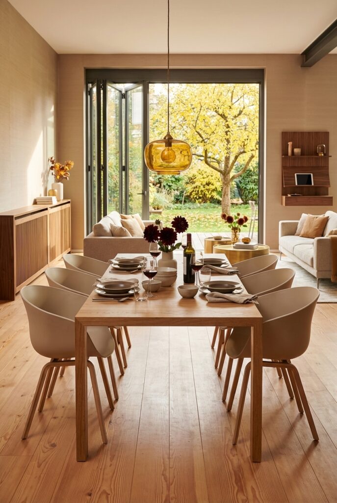 Moderne Esszimmergestaltung mit einem ausziehbaren Eichentisch und niedrigem Sideboard.