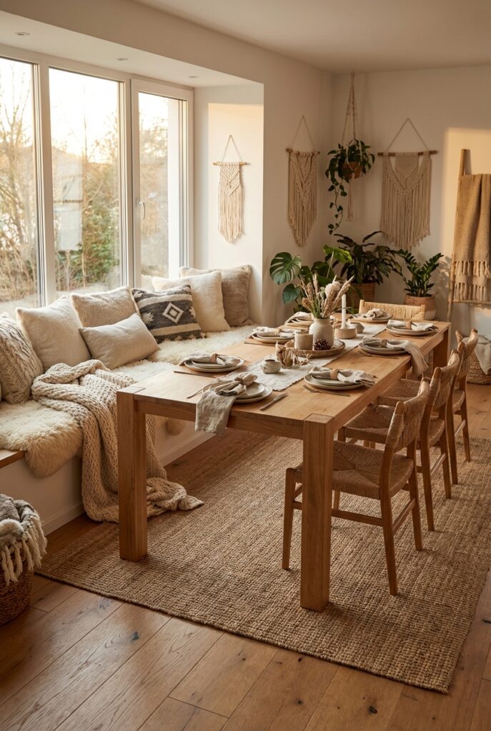 Esszimmer mit gemütlichem Sitzfenster und durchgehender Polsterung für maximalen Komfort.