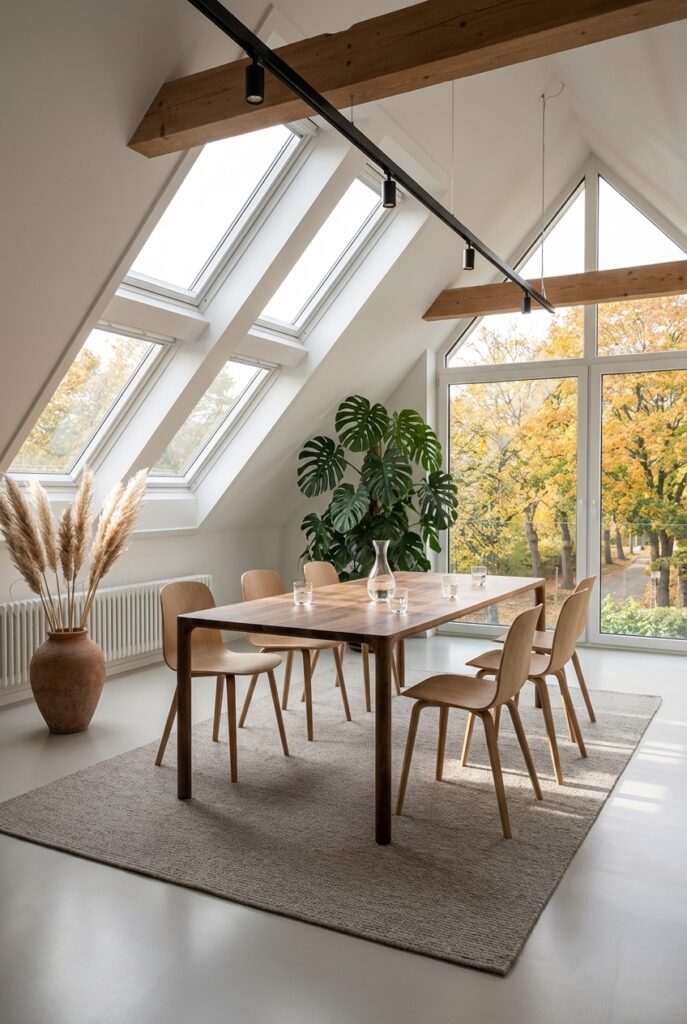 Esstisch Jean aus Nussbaum mit schlanken Beinen und hellen Holzstühlen unter sichtbaren Dachbalken.