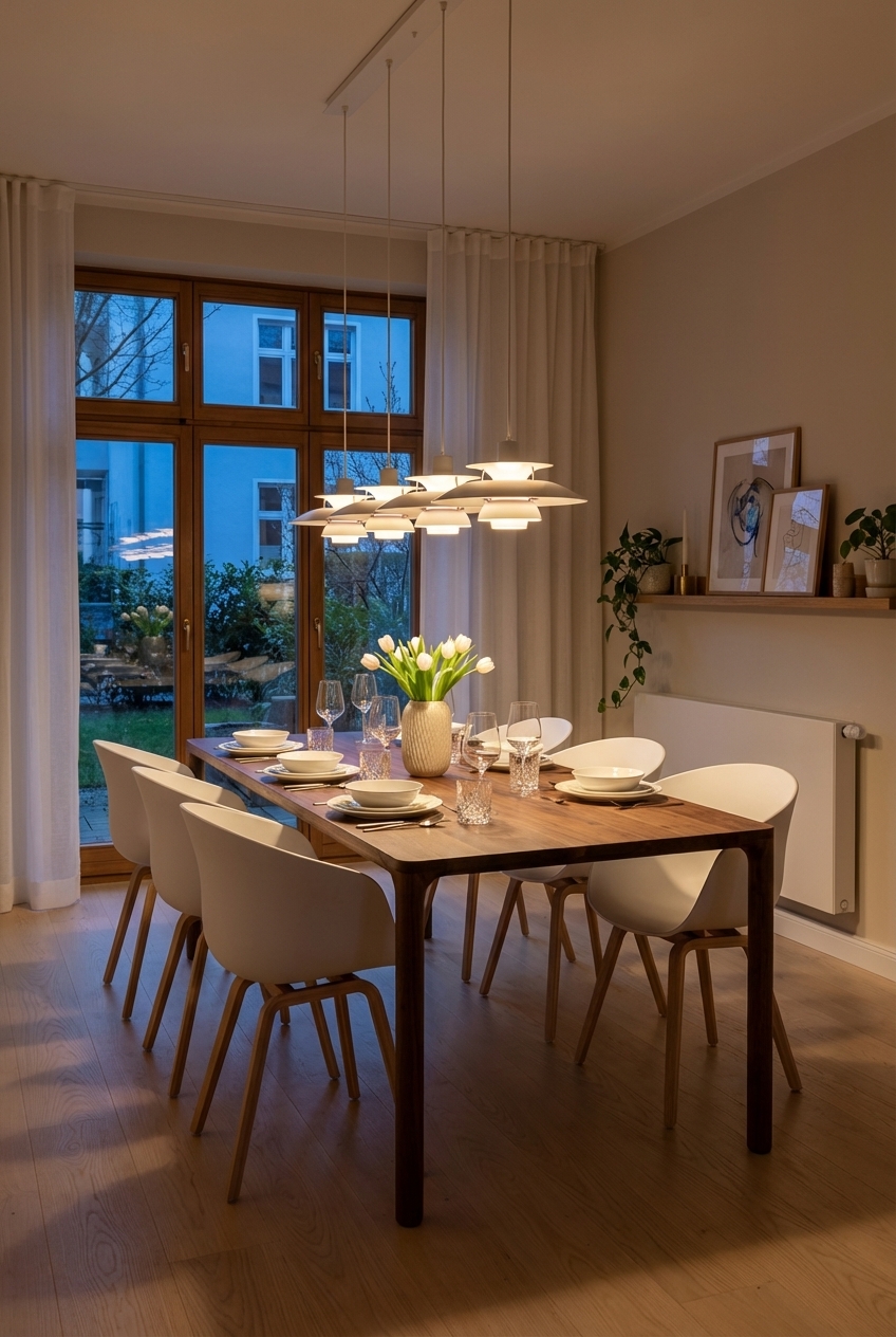 Skandinavische Pendelleuchten in verschiedenen Höhen über dem Esstisch Jean aus Nussbaumholz.