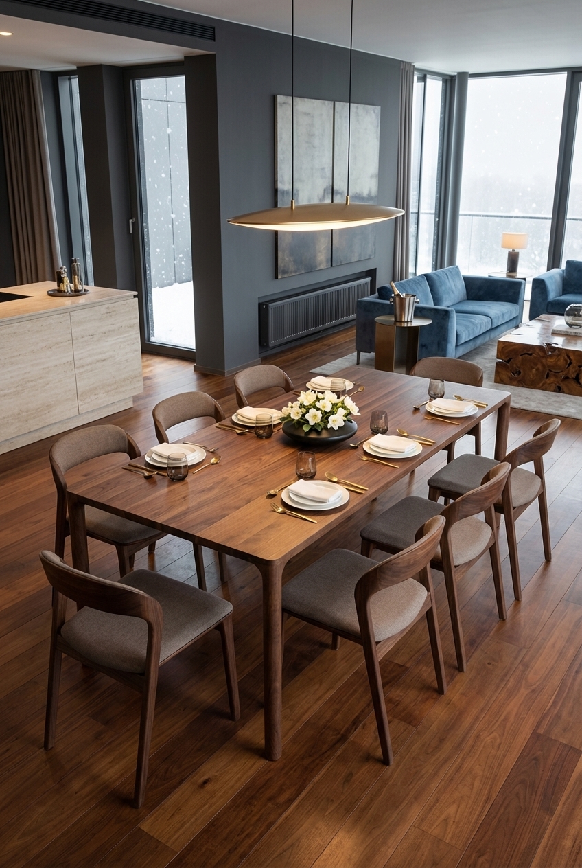 Essbereich in warmen Nussbrauntönen mit Esstisch Jean und grauen Polstern