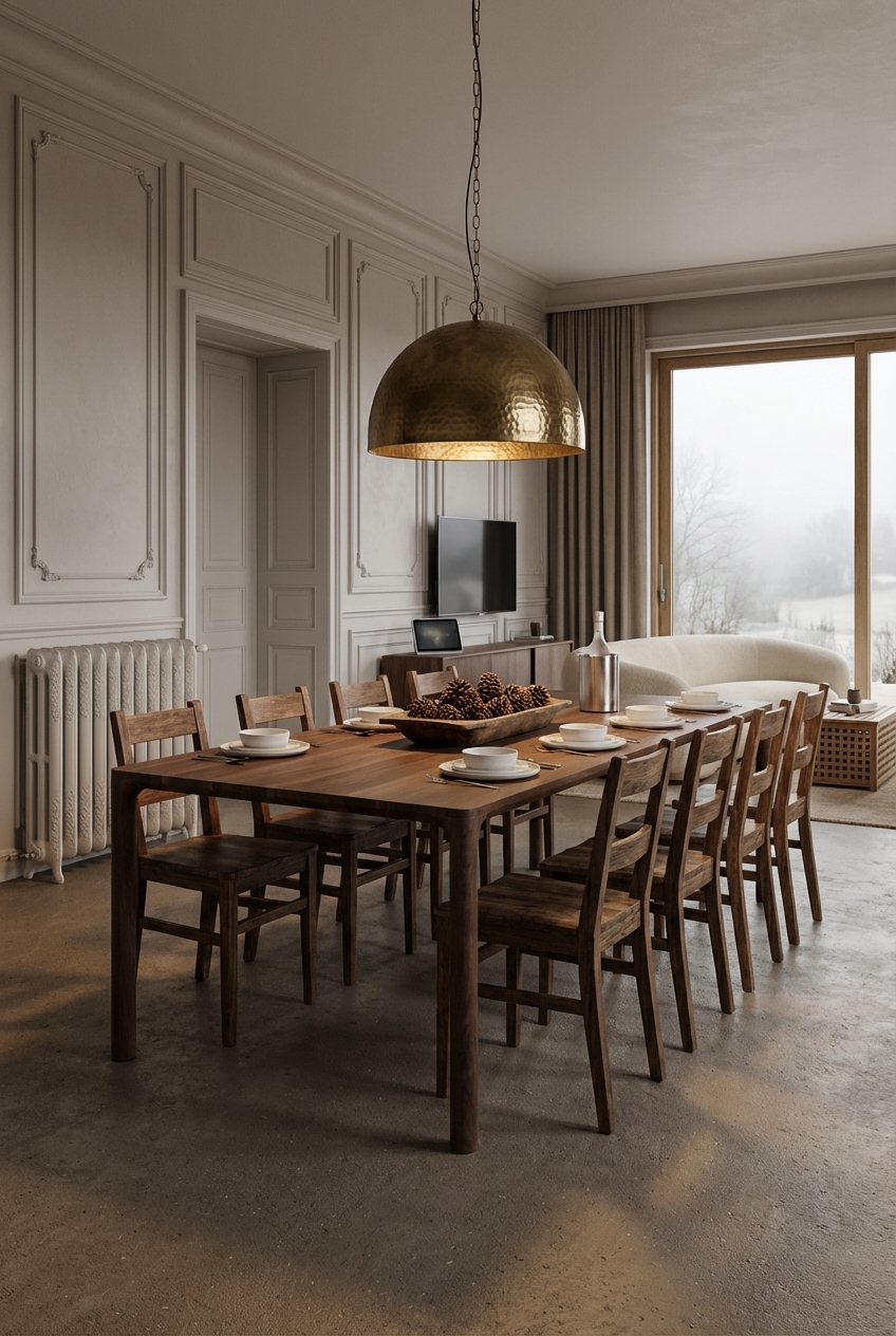 Esszimmer mit Kassettenwänden und dem massiven Esstisch Jean aus Nussbaum