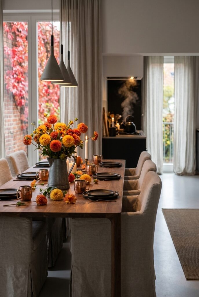 Orangefarbene und gelbe Dahlien in Metallkrug mit losen Blüten auf Esstisch Jean