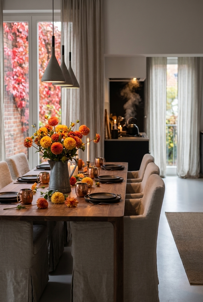 Orangefarbene und gelbe Dahlien in Metallkrug mit losen Blüten auf Esstisch Jean