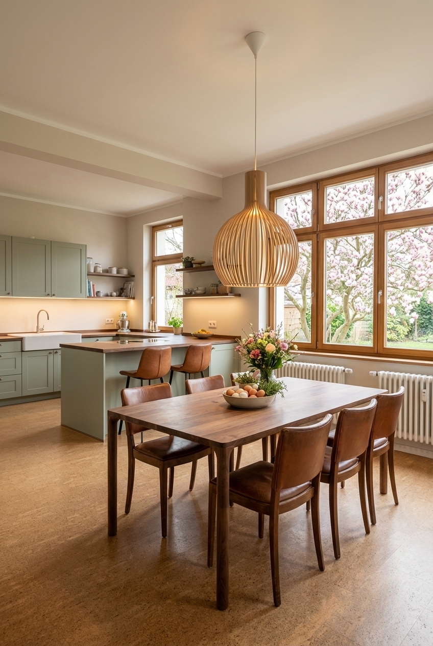 Ein Essbereich mit gedecktem Salbeigrün in der Küche und warmem Holz des Esstischs Jean