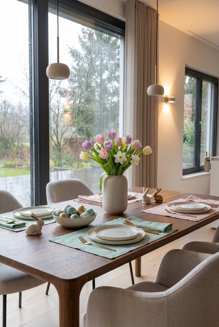 Farbig gestaltete Platzsets in Salbeigrün und Rosa auf dunklem Holz, die jedem Gedeck Struktur verleihen