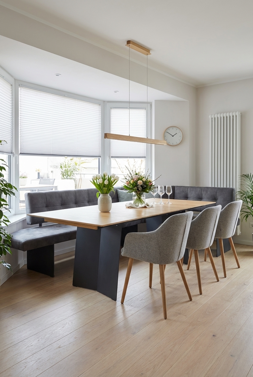 Eckbank mit gesteppten Polstern in gedeckten Farben, kombiniert mit Esstisch Kampen 1 aus Eiche