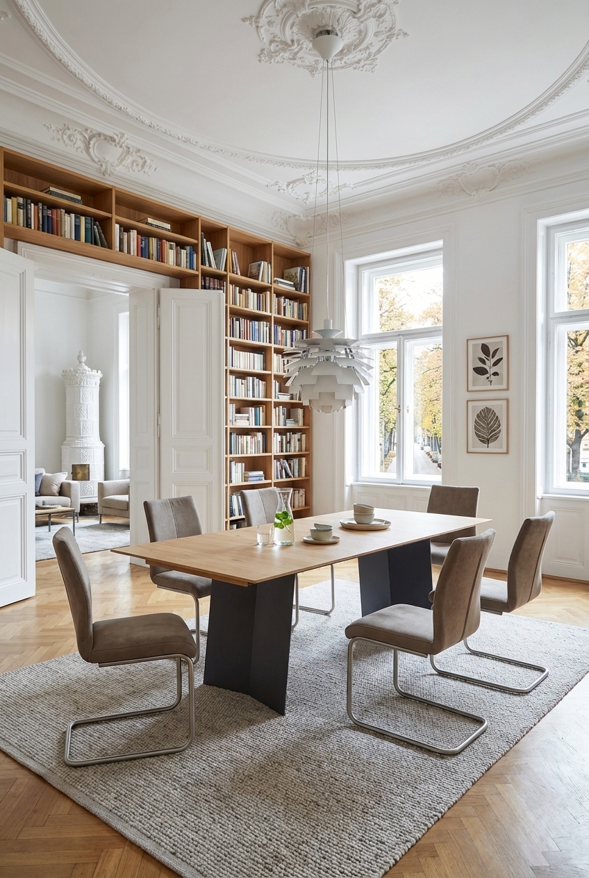 Heller Altbauraum mit Weiß an Wänden und einem dunklen Esstisch aus Eiche