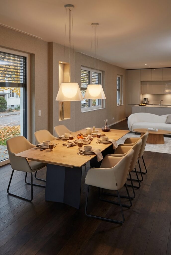 Esszimmer mit ausziehbarem Esstisch Kampen 1 aus heller Eiche und dunklem Gestell.