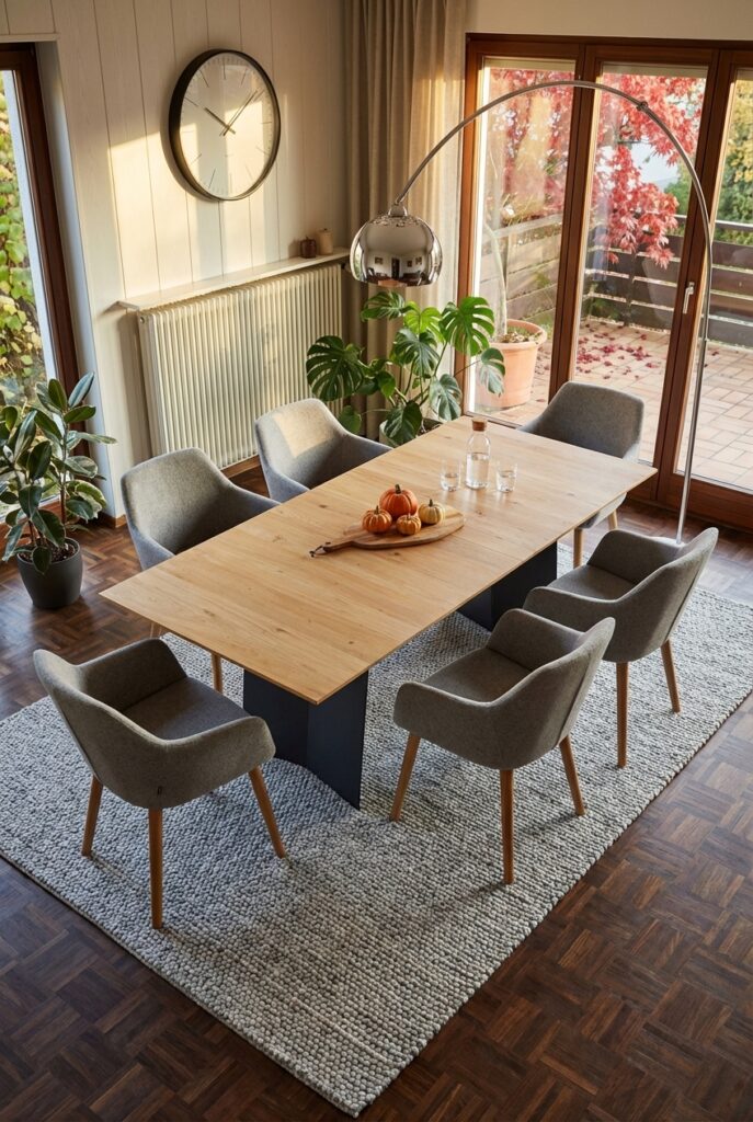 Esszimmer mit hellen Holzmöbeln und grauem Teppich, harmonische Farbgestaltung