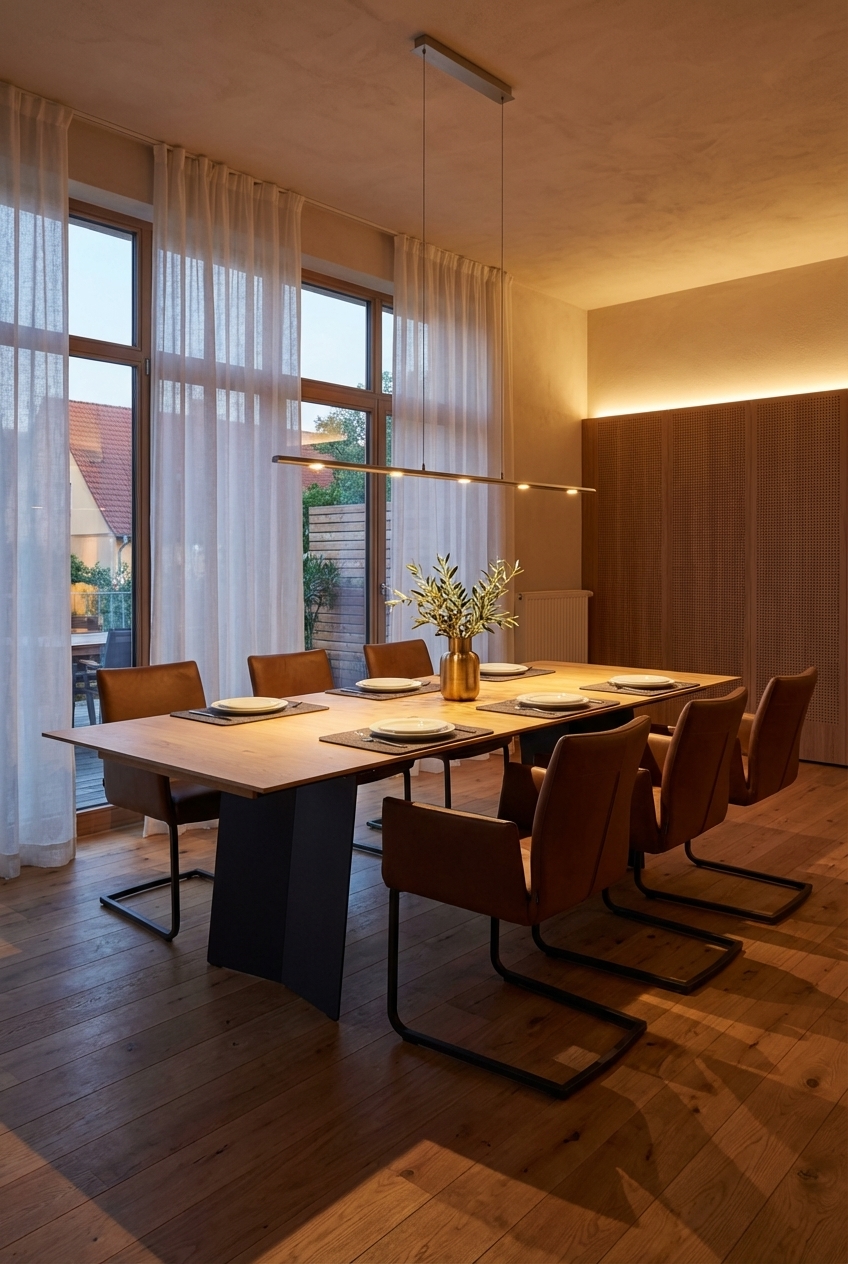 Perforierte Holzwand mit warmweißer Beleuchtung und Esstisch Kampen 1 aus Eiche