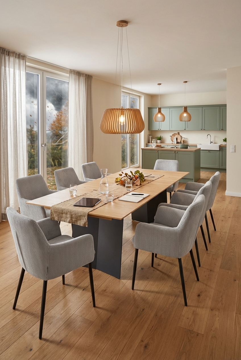 Gepolsterte Armlehnstühle am Esstisch Kampen 1 aus Eiche sorgen für Komfort und eine wohnliche Atmosphäre.