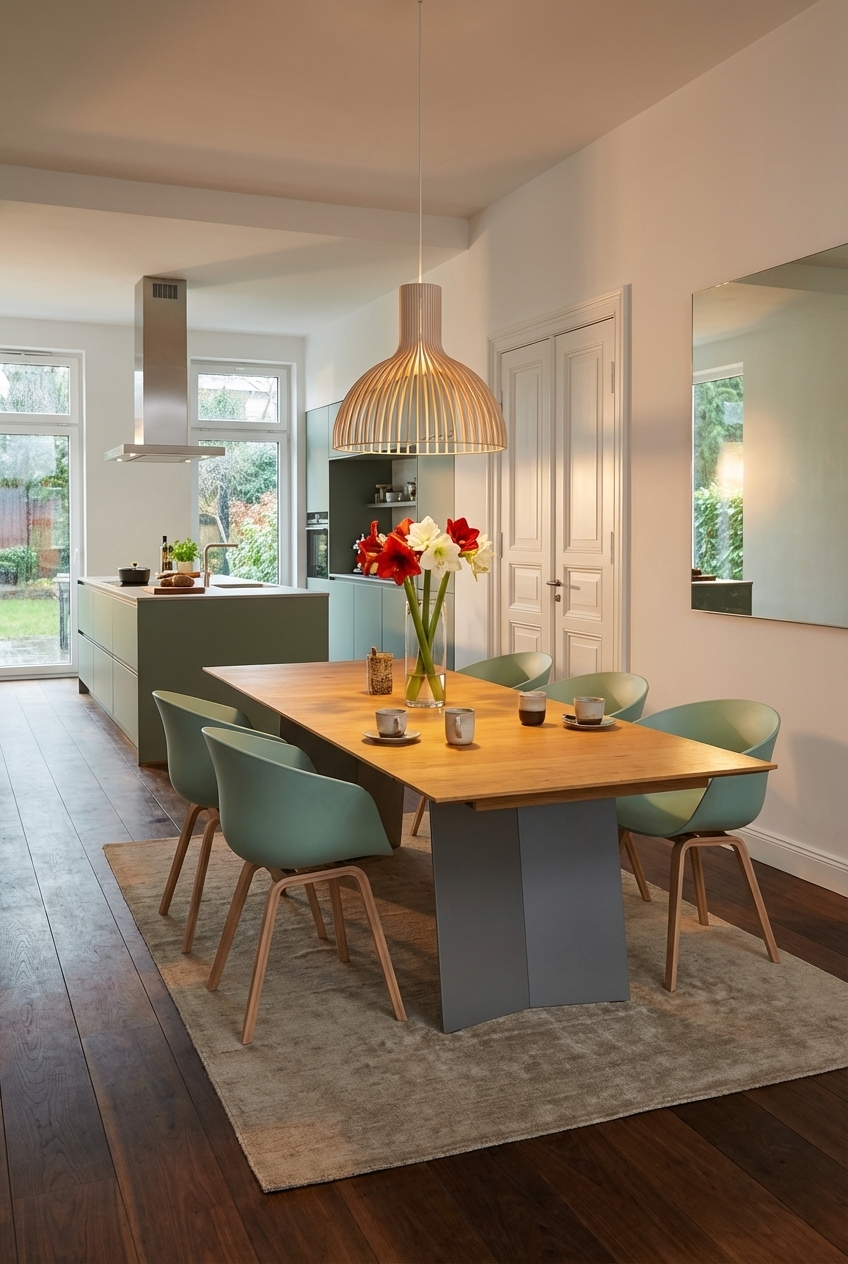 Grüne Küchenfronten harmonieren mit Esstisch und Stühlen in ähnlichem Farbton