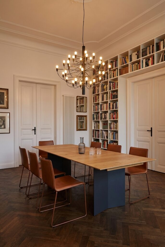 Dunkles Fischgrätparkett und ein filigraner Kronleuchter betonen den Essbereich mit Stil