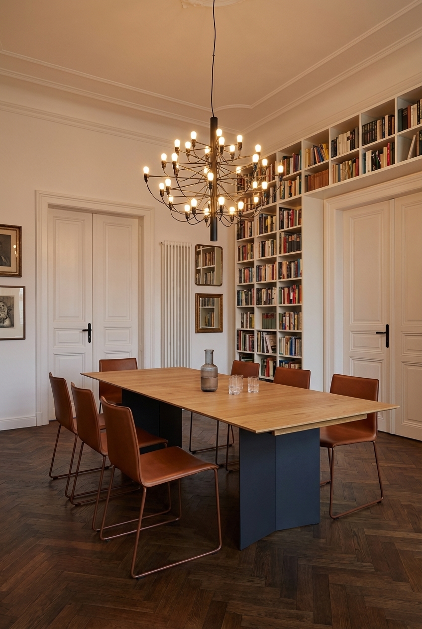 Dunkles Fischgrätparkett und ein filigraner Kronleuchter betonen den Essbereich mit Stil