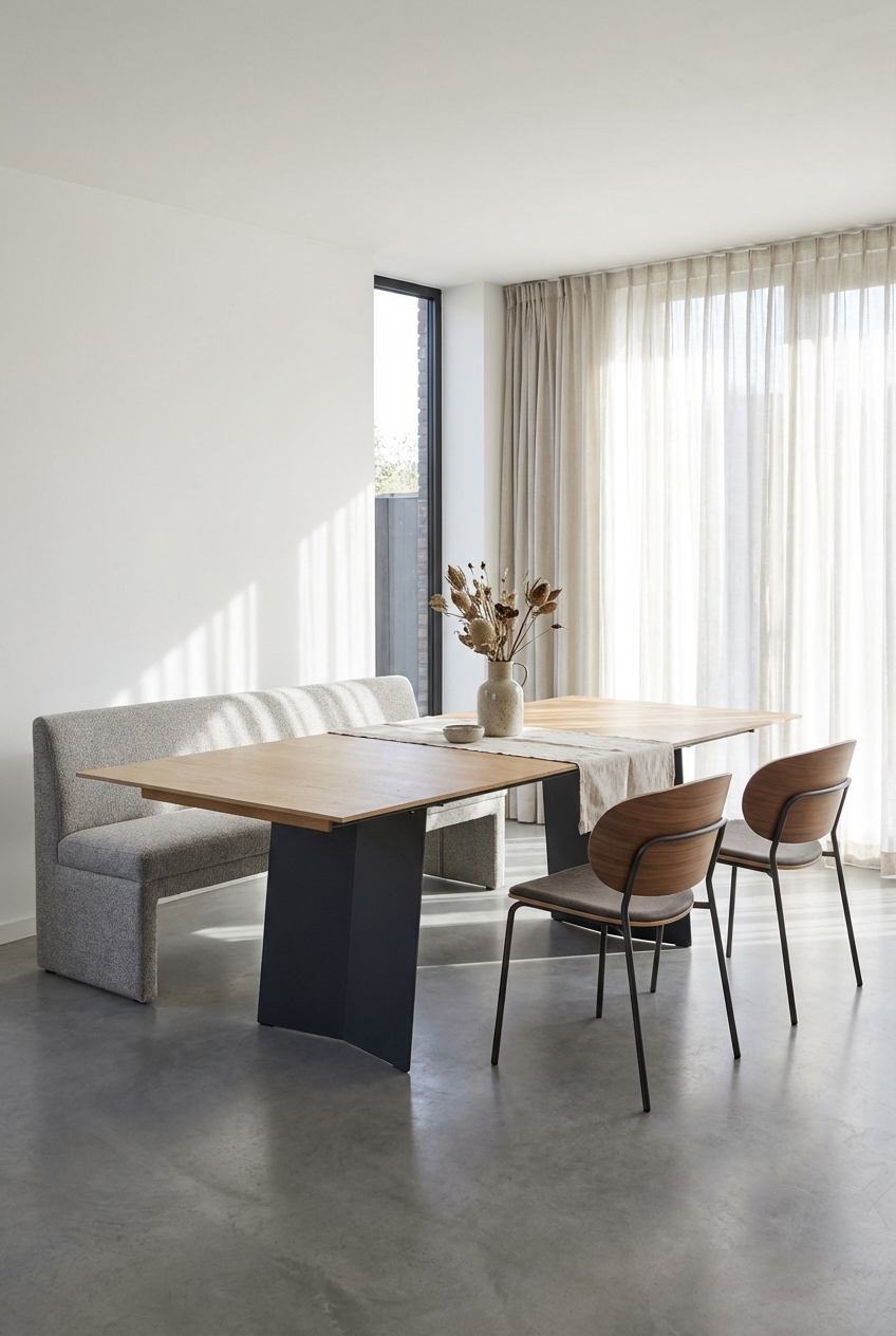 Moderner Essbereich mit beigen Vorhängen und dem Esstisch Kampen 1 aus Eiche