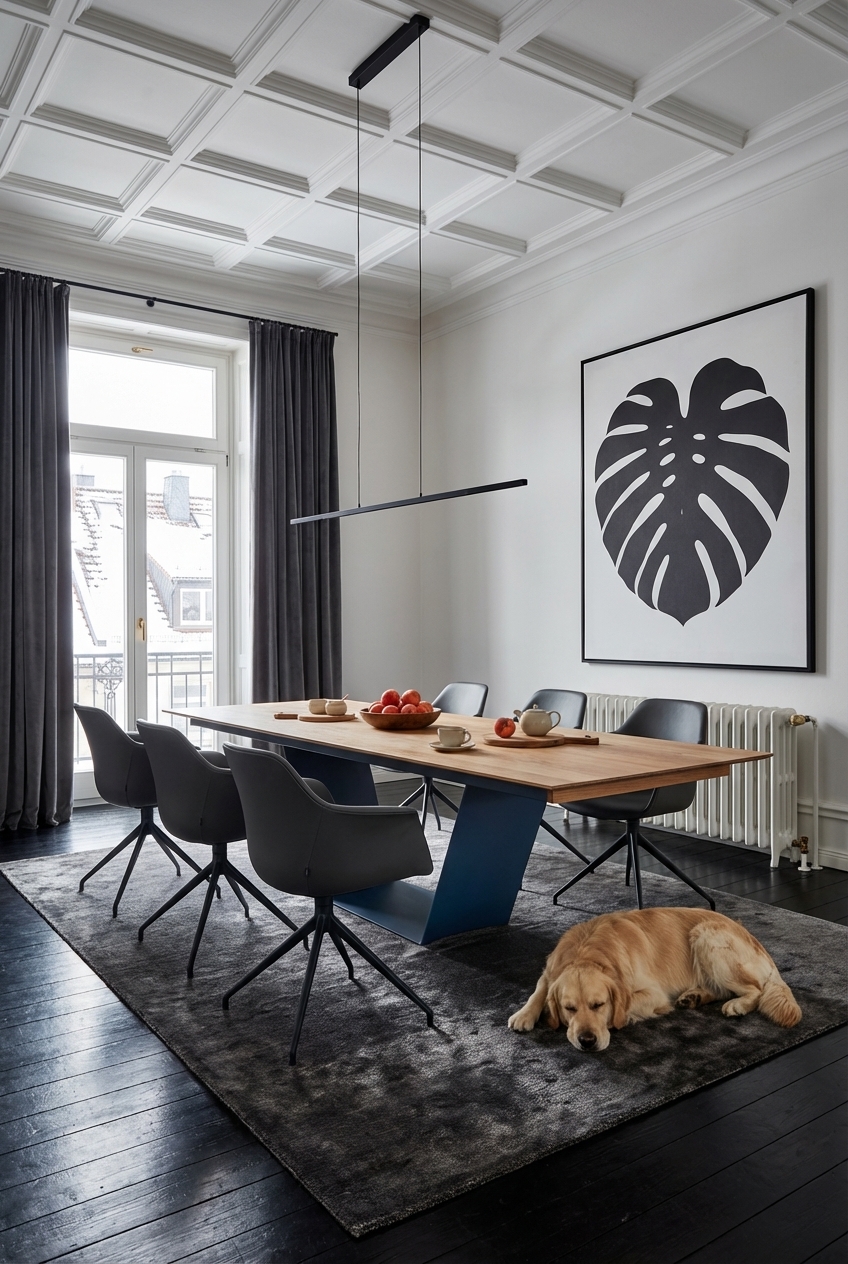 Ein Essbereich im Altbau mit großformatigem Wandbild und dem Esstisch Kampen 2 aus Eiche.