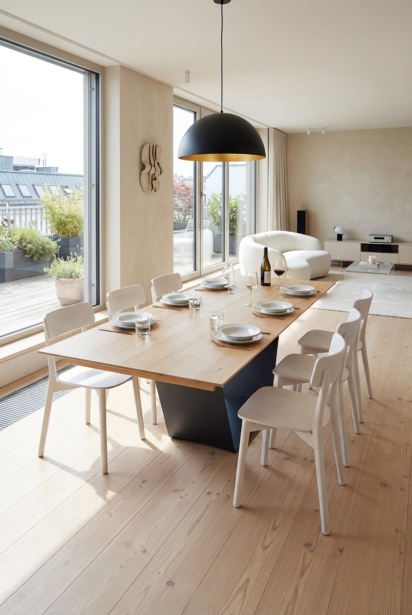 Esszimmer mit ausziehbarem Esstisch Kampen 2 und gedecktem Geschirr in Grautönen