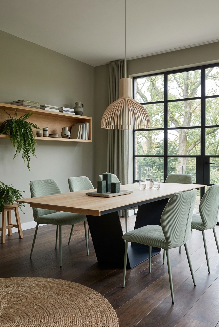 Esszimmer mit grünen Wänden und Decke, hellen Holzmöbeln und dem Esstisch Kampen 2 aus Eiche.