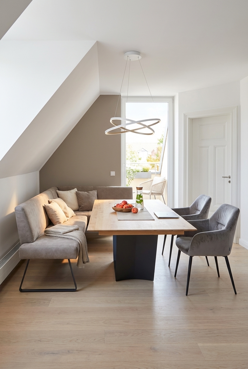 Esszimmer mit heller Eckbank und Samtpolsterstühlen in Grau, ergänzt durch den Eiche-Tisch Kampen 2