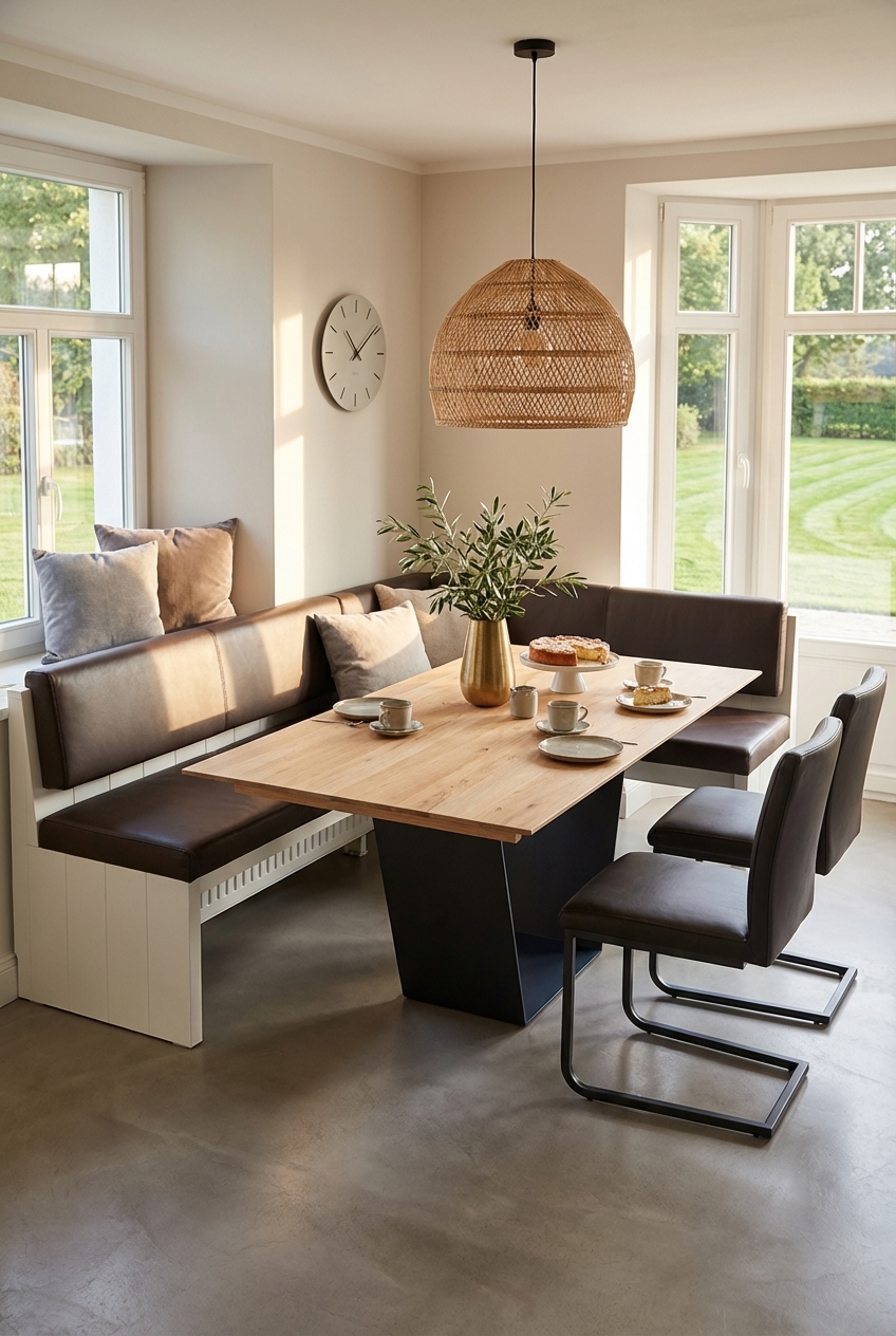 Esszimmer mit eleganter Eckbank, ruhigem grauem Estrich und Esstisch Kampen 2 aus Eiche