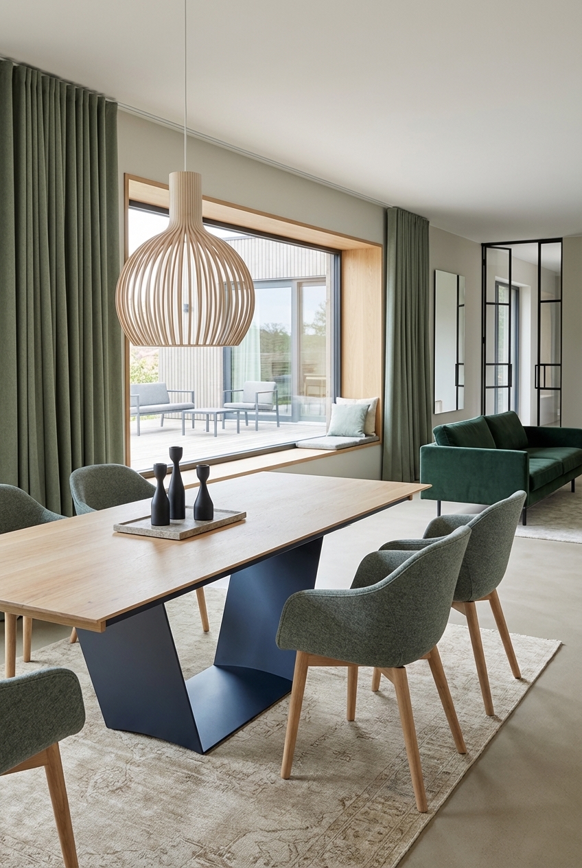 Essbereich mit grünen Polstern und dunklem Tischgestell aus Eiche für harmonischen Kontrast