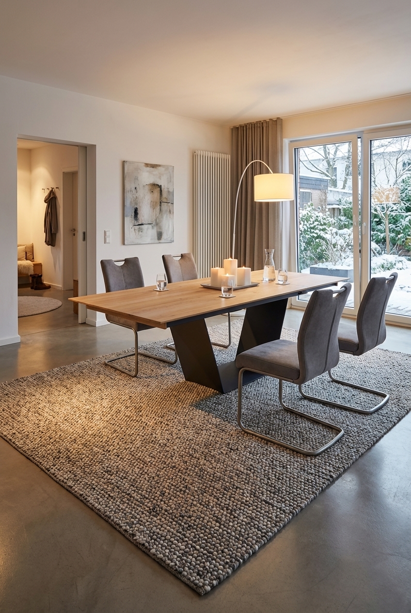 Essbereich mit freischwingenden Stühlen auf einem Teppich mit dichter Schlaufenstruktur und Massivholztisch Kampen 2 aus Eiche