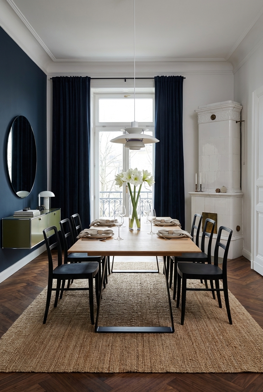 Essplatz neben einem Kamin mit Esstisch Kampen 3 aus Eiche und dunklen Stühlen