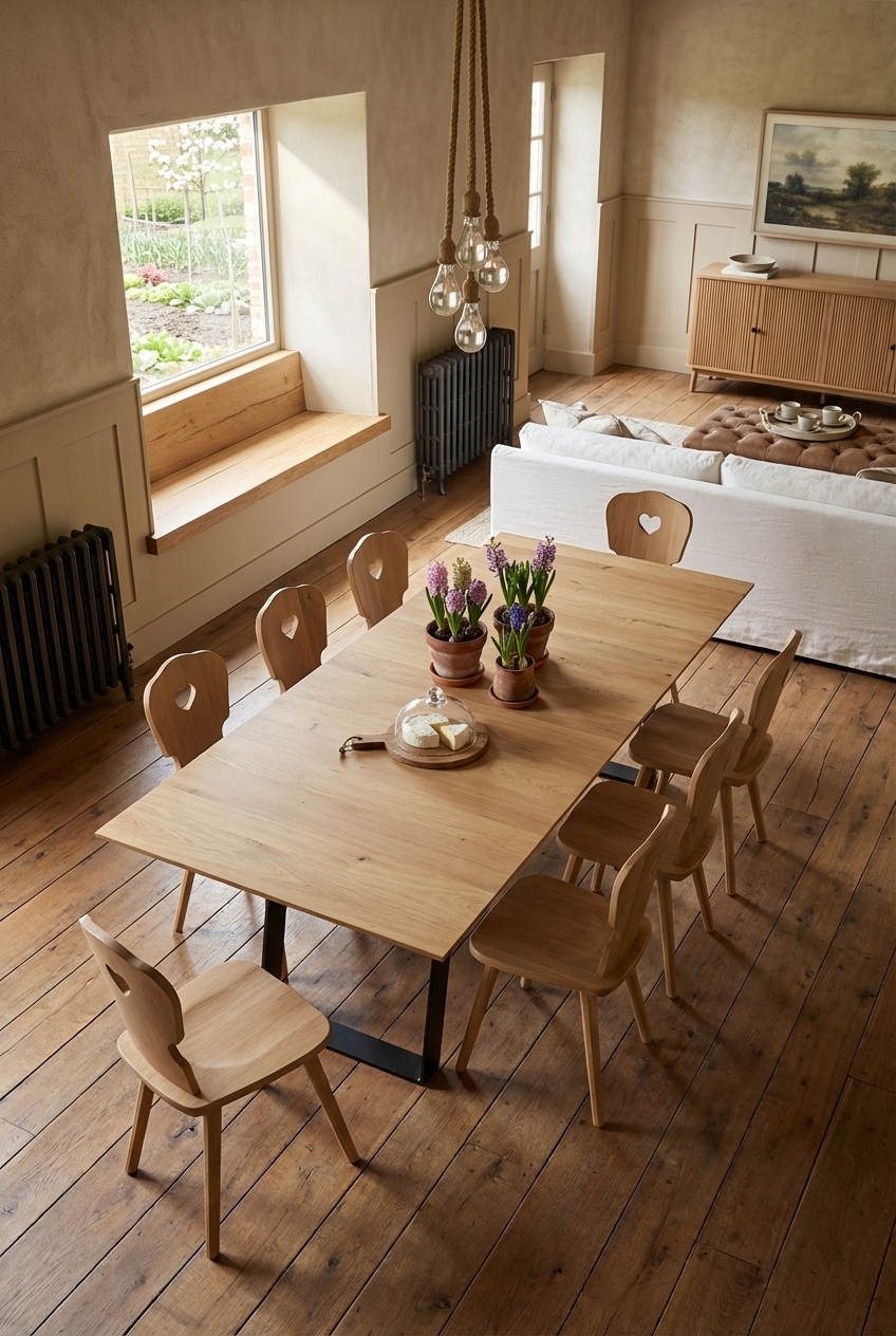 Offener Essbereich mit Esstisch Kampen 3 aus Eiche und Sofa als Abgrenzung.