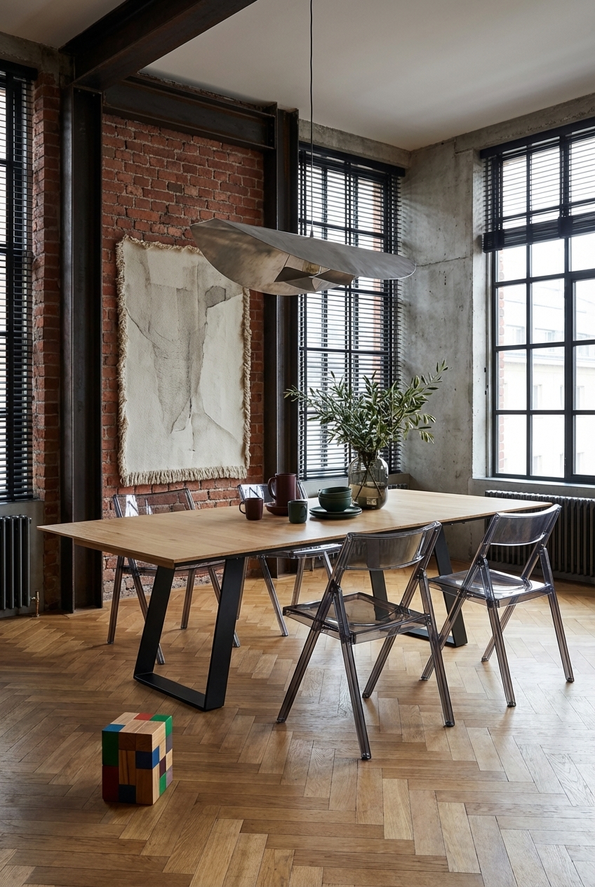 Bunt gemischtes Geschirr auf dem Esstisch Kampen 3 aus Eiche setzt lebendige Akzente