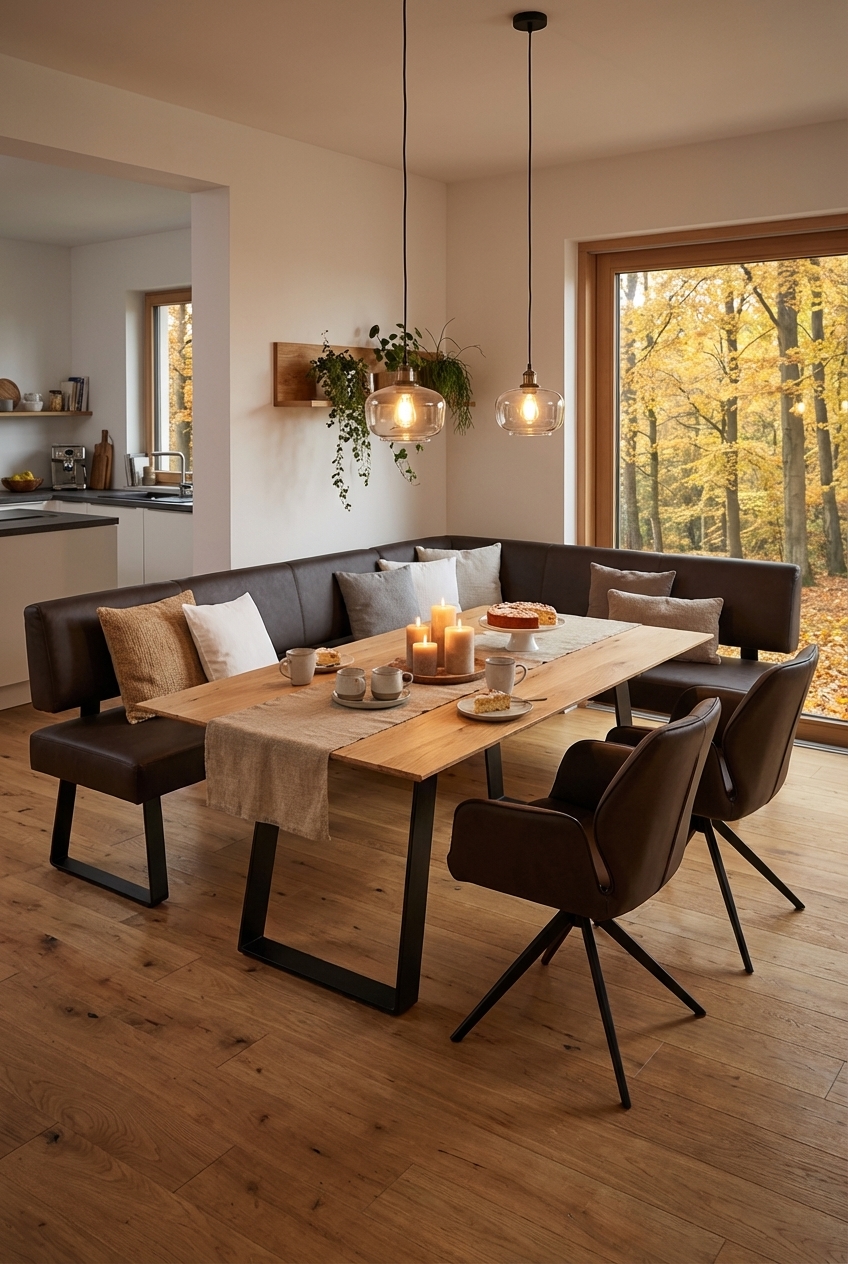 Eckbank mit schwarzem Kufengestell und Esstisch Kampen 3 aus Eiche