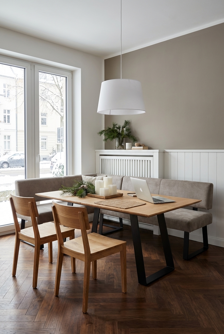 Esszimmer mit warmen Wandfarben und Eiche Esstisch Kampen 3 in gemütlicher Eckbank-Atmosphäre