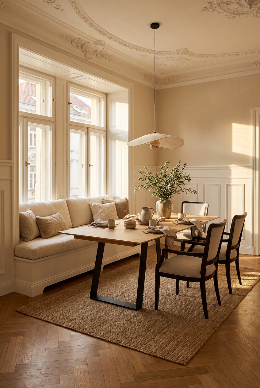 Esszimmer mit Sitzfenster, das genügend Beinfreiheit und Platz für Deko bietet