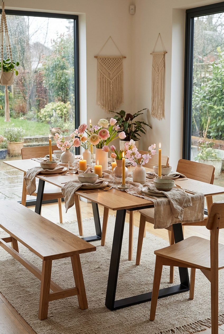 Zarte Papierblüten als Serviettenringe auf einem Esstisch aus Eiche