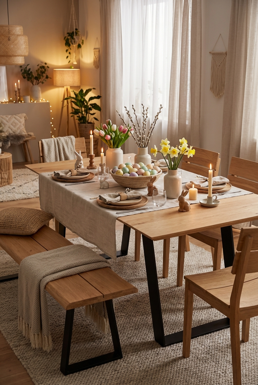 Namenskärtchen aus Kraftpapier auf einem Esstisch Kampen 3 aus Eiche in frühlingshafter Tischdeko