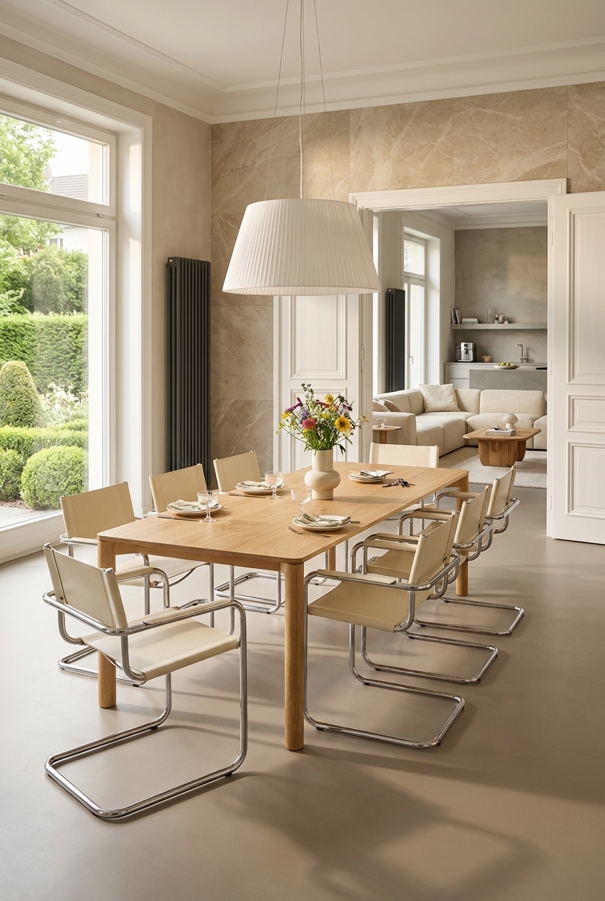 Freischwinger mit chromfarbigem Gestell setzen einen kühlen Kontrast zum Eiche Esstisch.