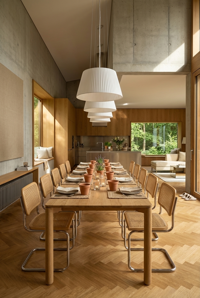 Mehrere Pendelleuchten unterschiedlicher Höhen über einem Esstisch aus Eiche schaffen Nähe im hohen Esszimmer