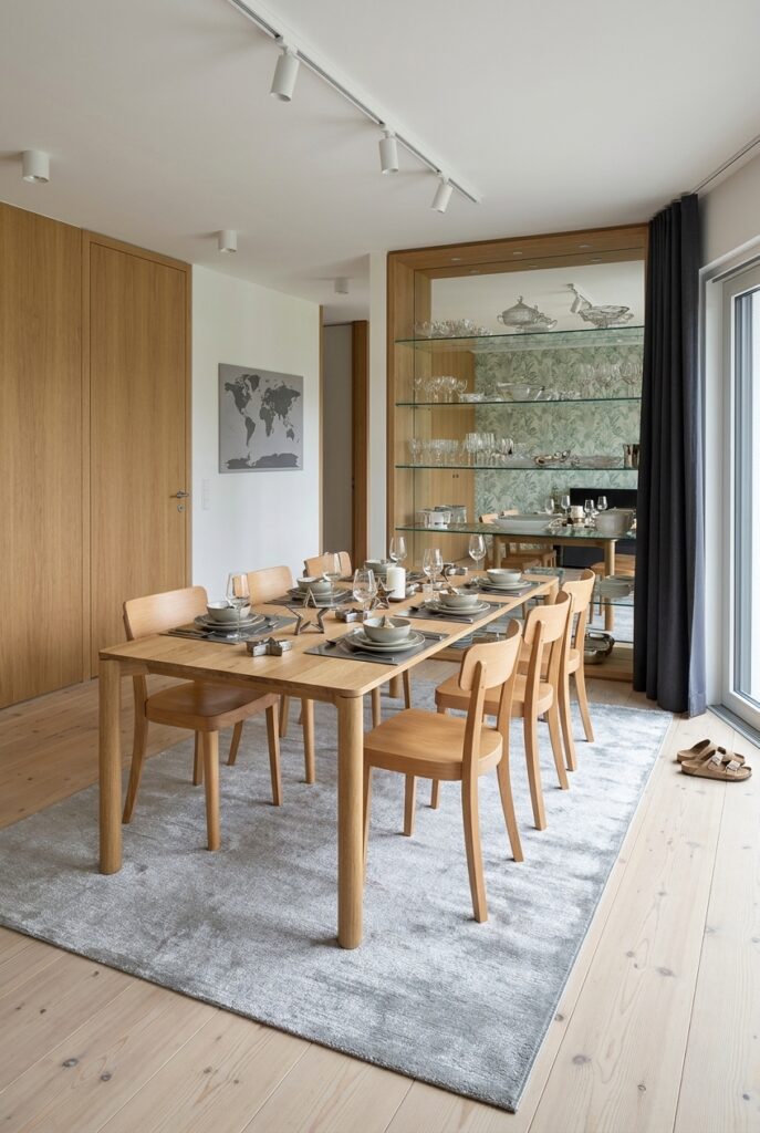 Gedeckter Esstisch Lana aus Eiche mit Holzstühlen auf einem grauen Teppich vor einer hohen Glasvitrine mit Geschirr.